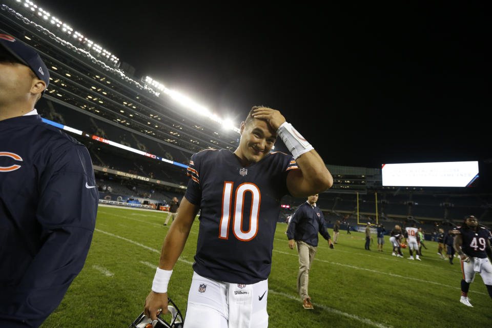 Mitch Trubisky threw three times in the final 70 seconds of the Bears' final preseason game. (AP)