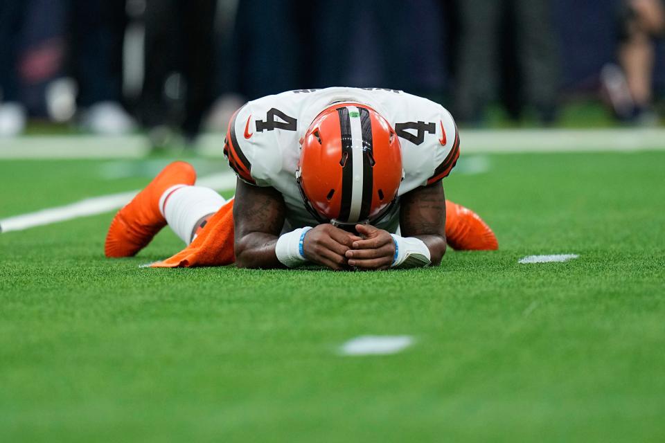 Browns quarterback Deshaun Watson reacts after being intercepted by Texans safety Jalen Pitre during the first half, Sunday, Dec. 4, 2022, in Houston.