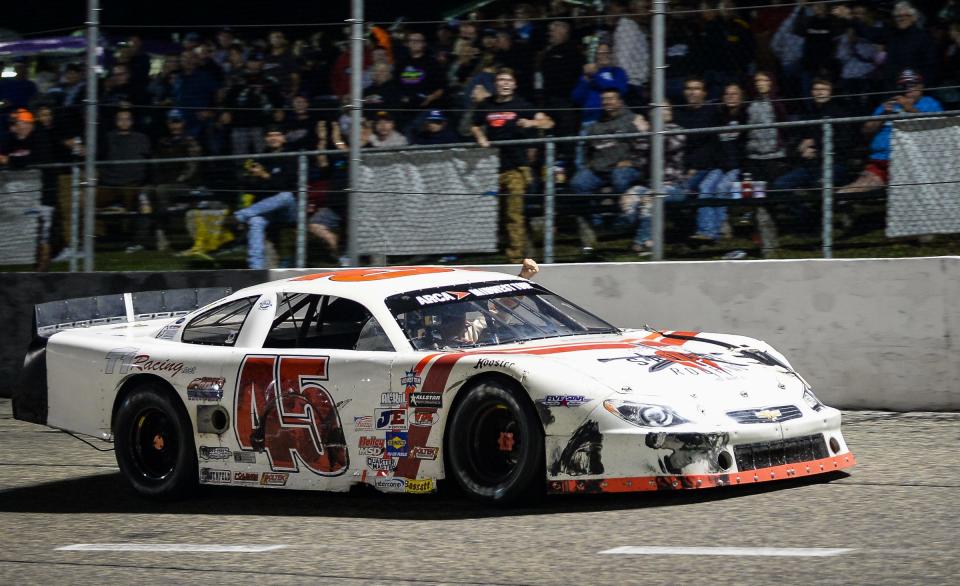 Rich Bickle salutes fans after winning the ARCA Midwest Tour Jim Sauter Classic on Sept. 4 at Dells Raceway Park in Wisconsin Dells.