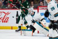 Mar 11, 2019; Saint Paul, MN, USA; San Jose Sharks goalie Martin Jones (31) makes a save in the third period against Minnesota Wild at Xcel Energy Center. Mandatory Credit: Brad Rempel-USA TODAY Sports