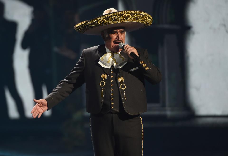 Vicente Fernandez performs at the 20th Latin Grammy Awards on Nov. 14, 2019, in Las Vegas. The Mexican singer died early Sunday, Dec. 12, 2021, relatives reported. He was 81 years old. 