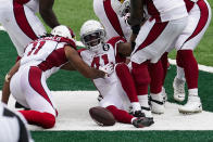 Arizona Cardinals running back Kenyan Drake (41) celebrates after scoring a touchdown during the second half of an NFL football game against the New York Jets, Sunday, Oct. 11, 2020, in East Rutherford. (AP Photo/Frank Franklin II)