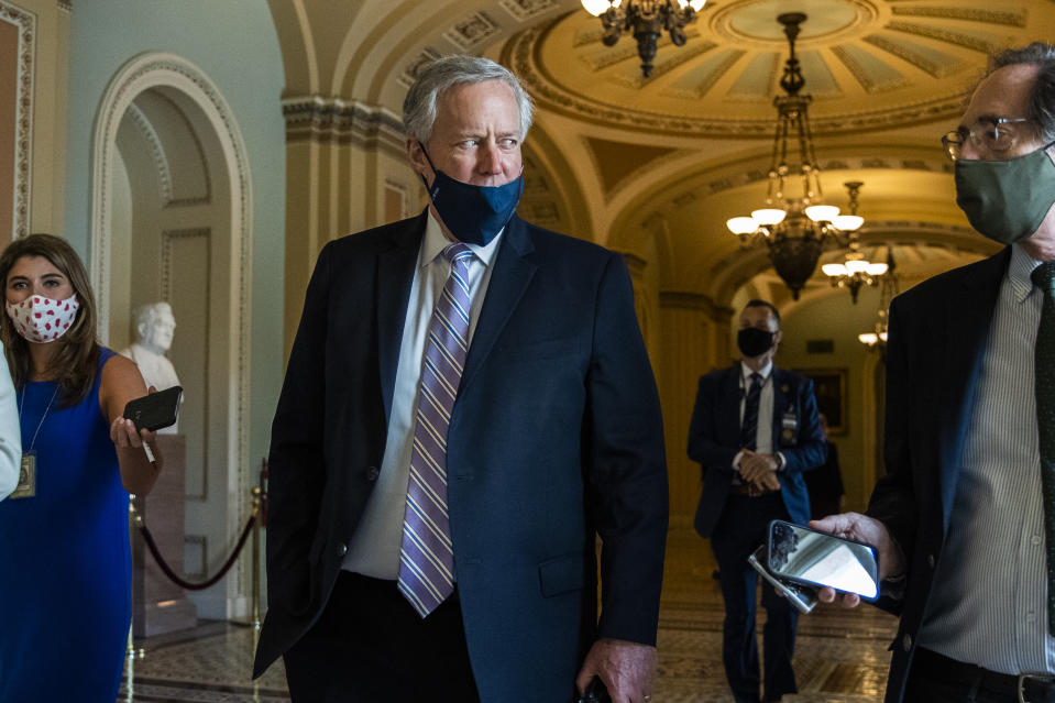 White House chief of staff Mark Meadows speaks to reporters at the Capitol, Thursday, July 23, 2020, in Washington. (AP Photo/Manuel Balce Ceneta)