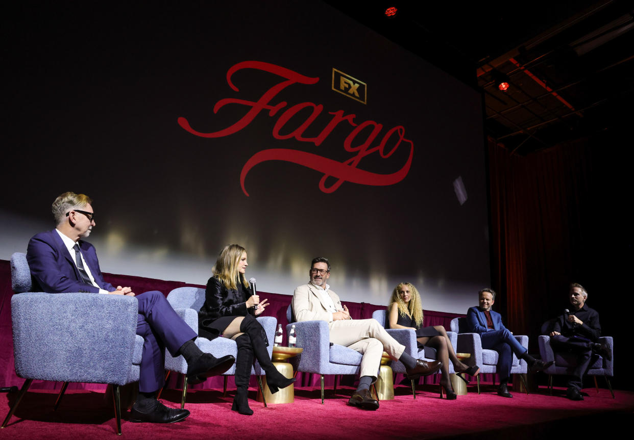 LOS ANGELES - NOVEMBER 15: (L-R) Warren Littlefield (Executive Producer), Jennifer Jason Leigh, Jon Hamm, Juno Temple, Noah Hawley (Series Creator/Showrunner/Executive Producer/Writer/Director) and Moderator Michael Schneider attend the Season 5 Red Carpet Premiere of FX’s “Fargo” at NYA Studios on November 15, 2023 in Los Angeles, California. (Photo by Frank Micelotta/PictureGroup for FX)