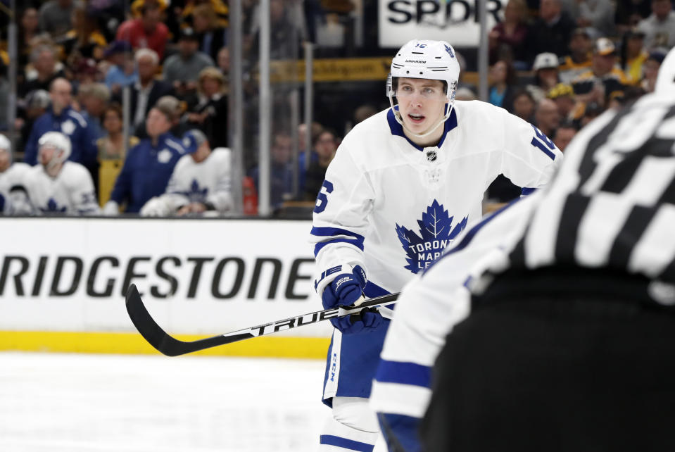 BOSTON, MA - APRIL 19: Toronto Maple Leafs right wing Mitchell Marner (16) checks with the point before a face off during Game 5 of the First Round Stanley Cup Playoffs between the Boston Bruins and the Toronto Maple Leafs on April 19, 2019, at TD garden in Boston, Massachusetts. (Photo by Fred Kfoury III/Icon Sportswire via Getty Images)