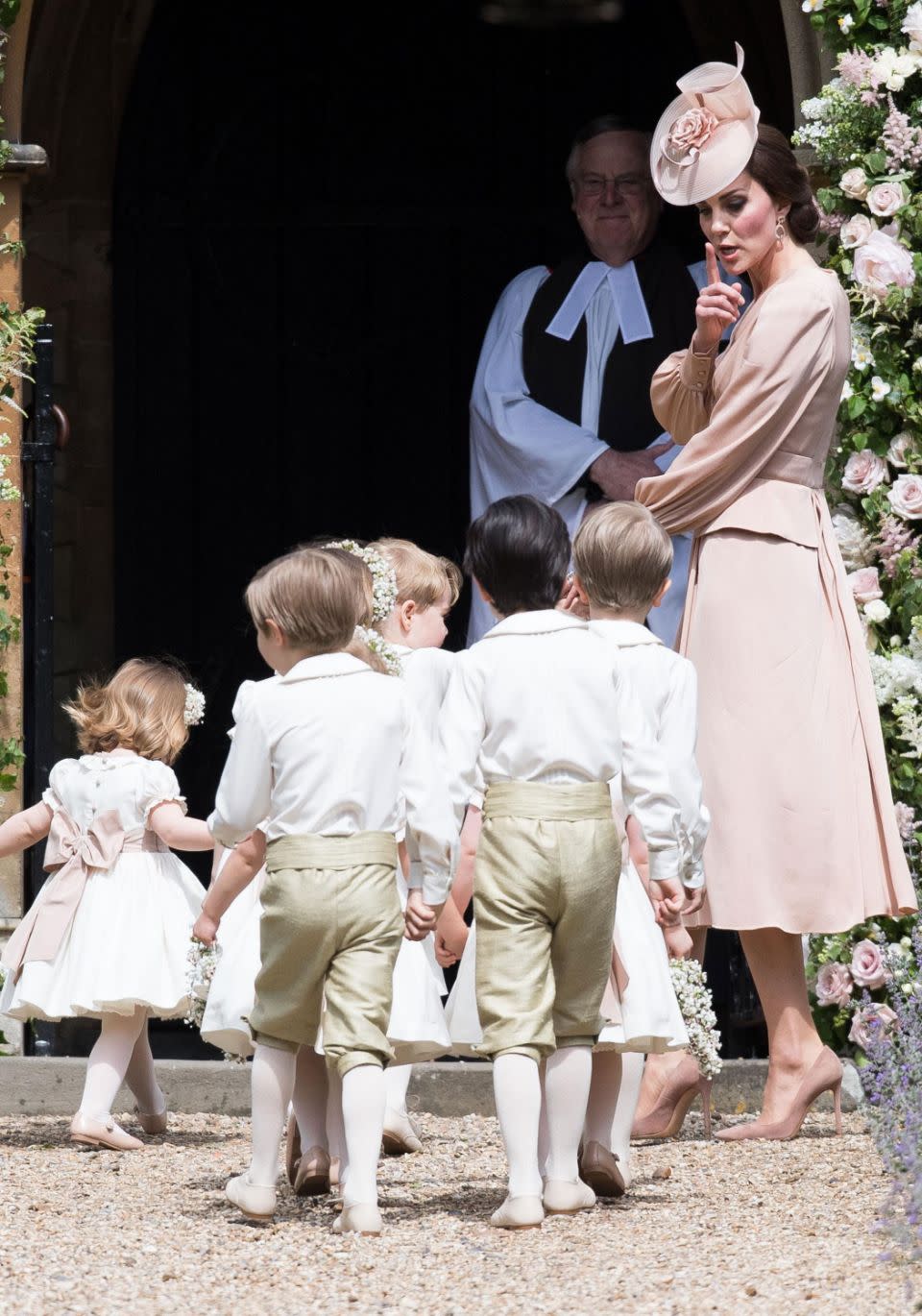 Catherine, Duchess of Cambridge lead the page boys and flower girls. Source: Getty