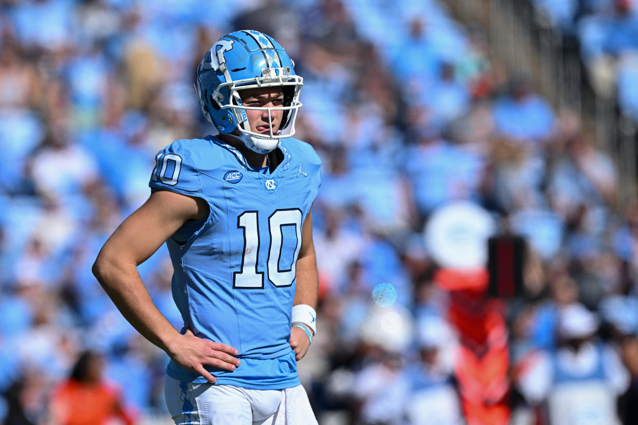 Where will Drake Maye be selected in the NFL Draft? (Photo by Grant Halverson/Getty Images)