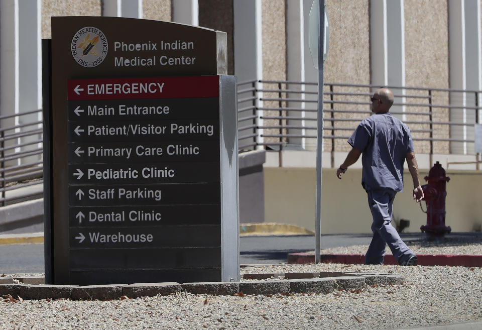 Indian Medical Center is shown Saturday, July 20, 2019 in Phoenix. A federal audit released Monday, July 22, finds that government hospitals placed Native Americans at increased risk for opioid abuse and overdoses. The audit says a handful of Indian Health Service hospitals failed to follow the agency's protocols for dispensing and prescribing the drug. The Indian Health Service agreed with the more than a dozen recommendations and says changes are in the works. (AP Photo/Matt York)