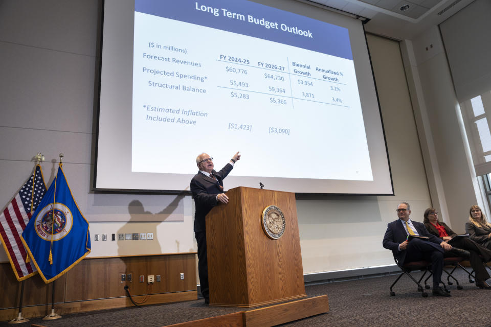 FILE - Minnesota Gov. Tim Walz speaks at a news conference on the Minnesota economic and budget forecast in St. Paul, Minn., Monday, Feb. 27, 2023. Almost every U.S. state has cut taxes in some way in the past three years. But that trend may be slowing as many states head into their 2024 legislative sessions with lagging tax revenues. (Renée Jones Schneider/Star Tribune via AP, FILE)