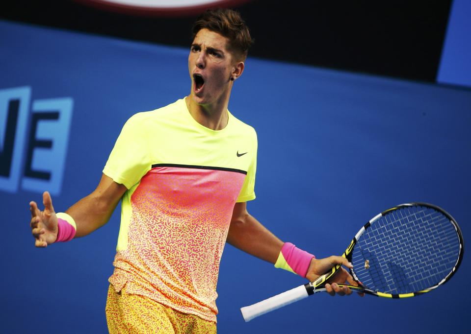 Thanasi Kokkinakis of Australia reacts during his men's singles second round match against compatriot Sam Groth at the Australian Open 2015 tennis tournament in Melbourne January 21, 2015. REUTERS/Athit Perawongmetha (AUSTRALIA - Tags: SPORT TENNIS)