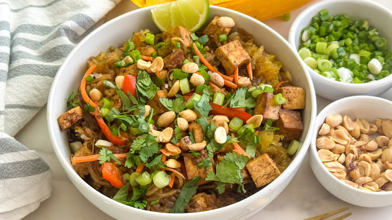 Close up of finished spaghetti squash pad thai