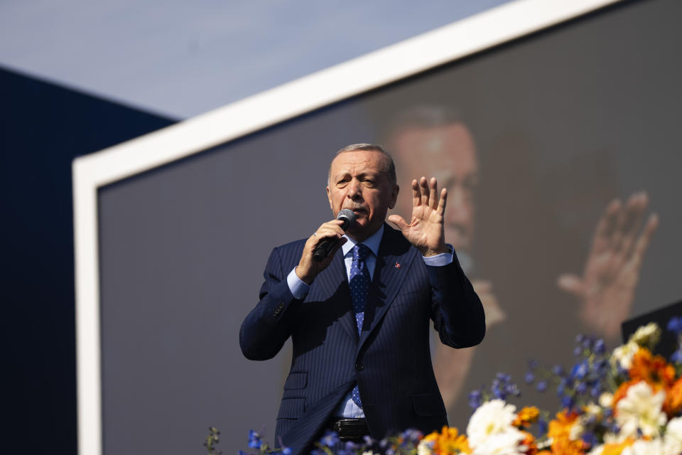 Turkish President and leader of the Justice and Development Party, or AKP, Recep Tayyip Erdogan gives a speech during a campaign rally ahead of nationwide municipality elections, in Istanbul, Turkey, Sunday, March 24, 2024. On Sunday, millions of voters in Turkey head to the polls to elect mayors and administrators in local elections which will gauge President Recep Tayyip Erdogan’s popularity as his ruling party tries to win back key cities it lost five years ago. (AP Photo/Francisco Seco)