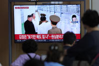 A TV screen shows an image of North Korean leader Kim Jong Un during a news program at the Seoul Railway Station in Seoul, South Korea, Friday, Sept. 13, 2024. The letters on the top read "North Korea, unveiling the uranium enrichment facility for the first time." (AP Photo/Lee Jin-man)