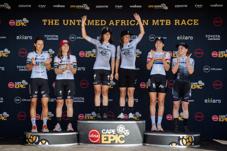 Womens Podium L - R, Teams Efficient Infiniti Insure, NinetyOne-Songo-Specialized,  e-FORT.net | SeattleCoffeeCo during the Prologue of the 2023 Absa Cape Epic Mountain Bike stage race held at Meerendal Wine Estate, Durbanville, Cape Town, South Africa on the 19th March 2023