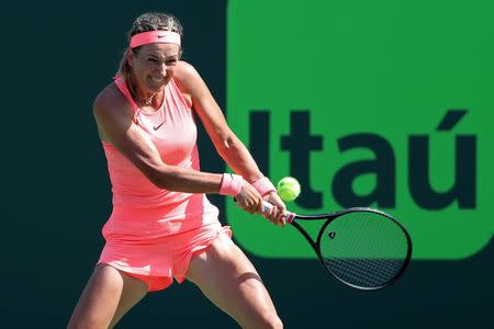 Mar 21, 2018; Key Biscayne, FL, USA; Victoria Azarenka of Belarus hits a backhand against Catherine Bellis of the United States (not pictured) on day two of the Miami Open at Tennis Center at Crandon Park. Azarenka won 6-3, 6-0. Geoff Burke-USA TODAY Sports