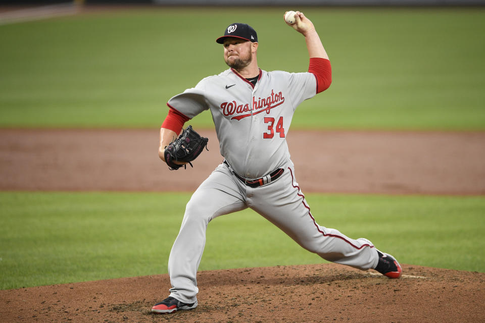 Washington Nationals starting pitcher Jon Lester delivers during the third inning of a baseball game against the Baltimore Orioles, Saturday, July 24, 2021, in Baltimore. (AP Photo/Nick Wass)