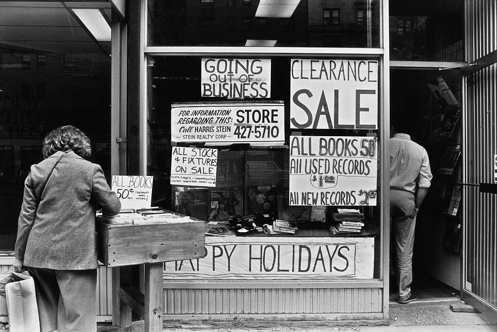 A clearance sale at a book and record store on Broadway and 86th Street, New York City, USA, 20th April 1985.