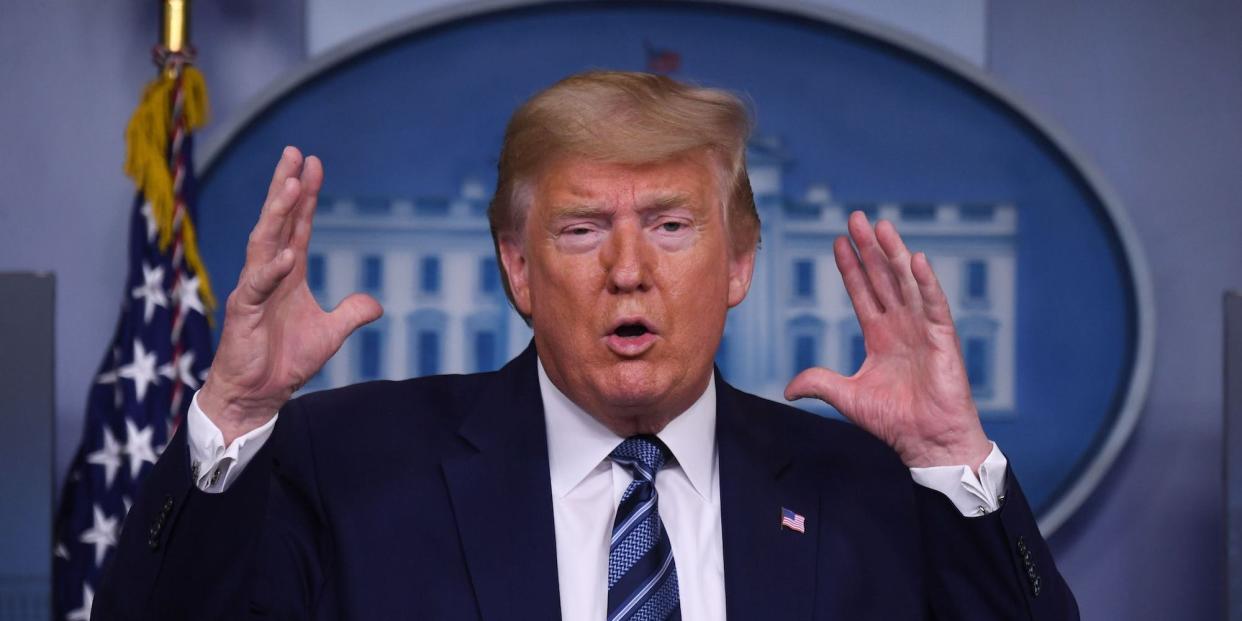 President Donald Trump gestures as he speaks during an unscheduled briefing after a Coronavirus Task Force meeting at the White House on April 5.