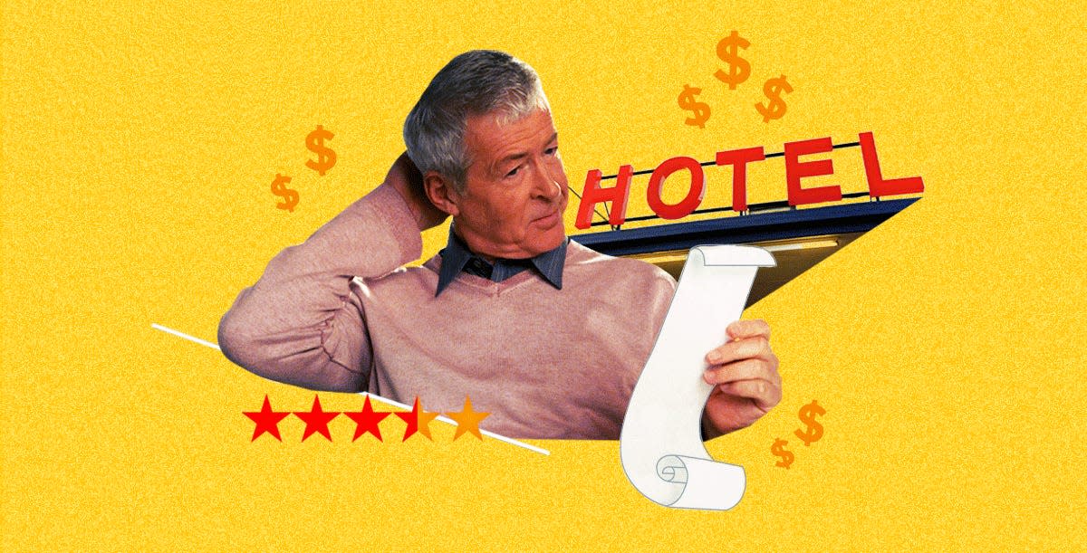 Collage of Man scratching head and looking at a long receipt, behind him is an Illuminated hotel sign