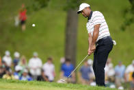 Tiger Woods chips to the green on the 12th hole during the second round of the PGA Championship golf tournament at the Valhalla Golf Club, Friday, May 17, 2024, in Louisville, Ky. (AP Photo/Jeff Roberson)