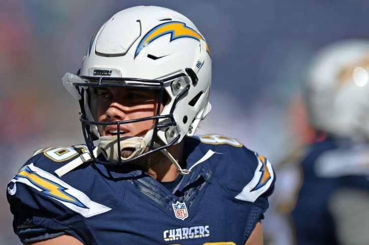 Nov 13, 2016; San Diego, CA, USA; San Diego Chargers tight end Hunter Henry (86) looks on before the game against the Miami Dolphins at Qualcomm Stadium. Mandatory Credit: Jake Roth-USA TODAY Sports