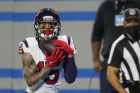 Houston Texans wide receiver Will Fuller catches a 34-yard pass for a touchdown during the second half of an NFL football game against the Detroit Lions, Thursday, Nov. 26, 2020, in Detroit. (AP Photo/Paul Sancya)