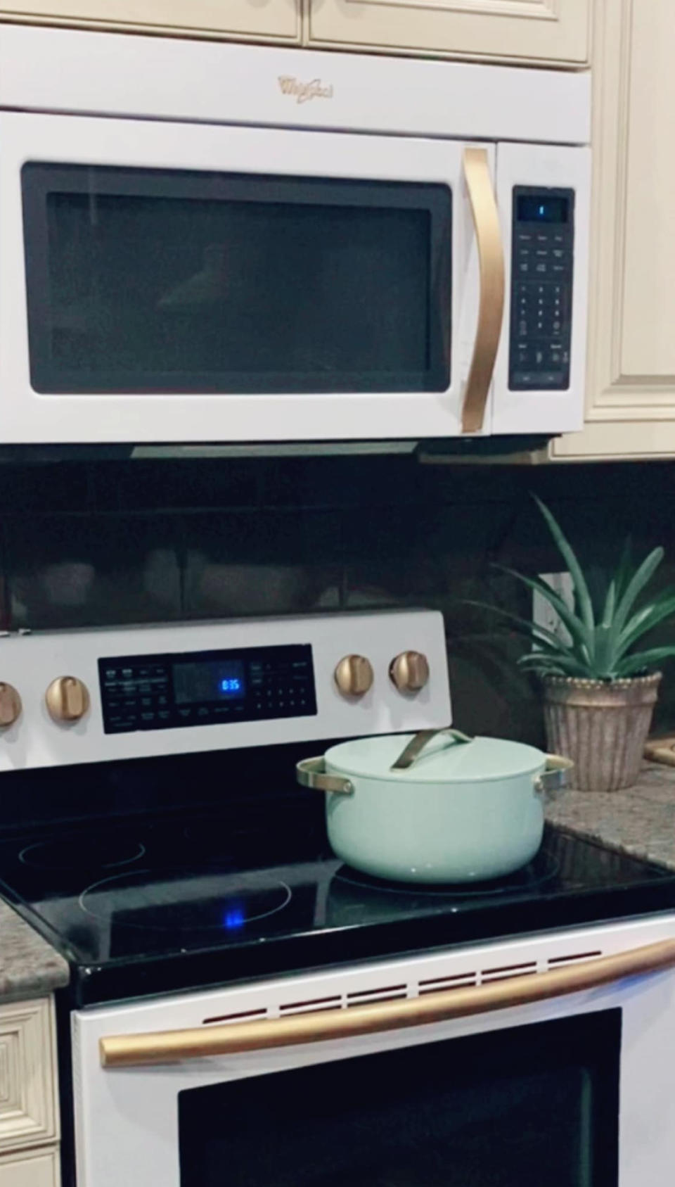 a painted stove and microwave