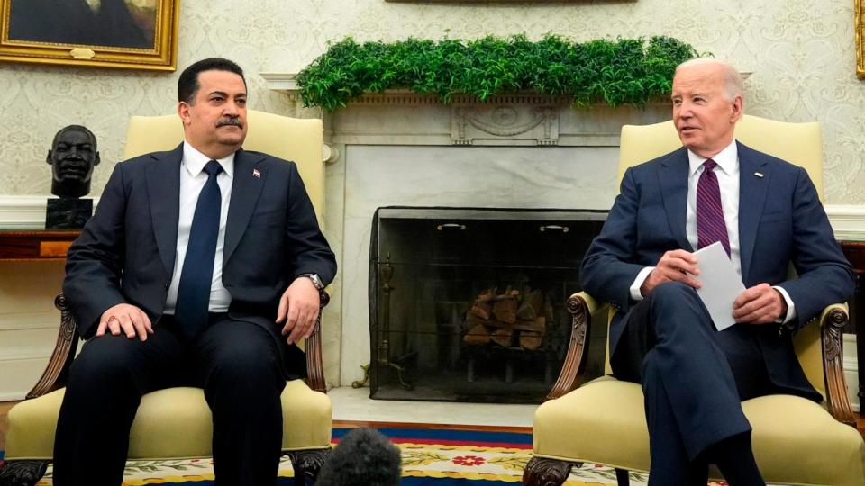 PHOTO: President Joe Biden, right, meets with Iraq's Prime Minister Shia al-Sudani in the Oval Office of the White House, April 15, 2024. (Alex Brandon/AP)