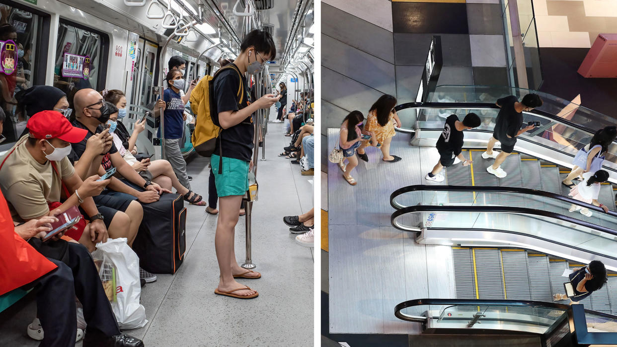 Composite image of people wearing masks on public transport and people in a shopping mall in Singapore. (PHOTOS: Getty Images)