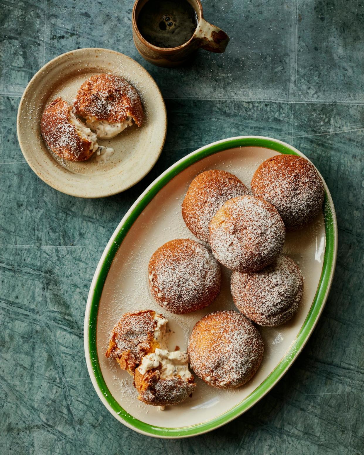 <span>Benjamina Ebuehi’s mint choc chip choux buns.</span><span>Photograph: Laura Edwards/The Guardian. Food styling: Benjamina Ebuehi. Prop styling: Anna Wilkins. Food styling assistant: Lara Cook.</span>