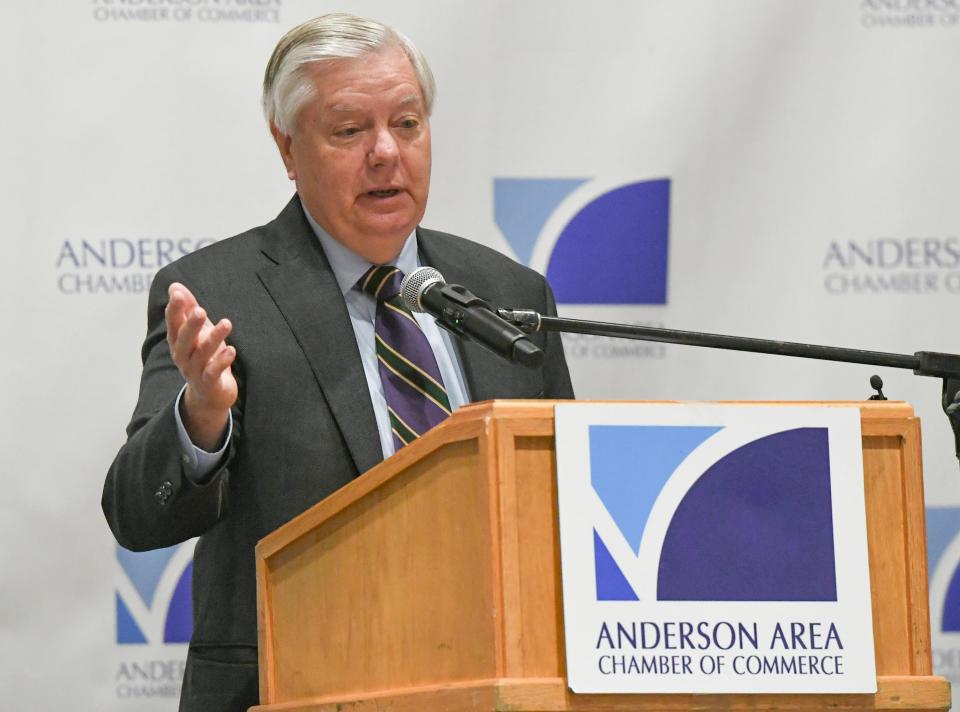 U.S. Sen Lindsey Graham speaks about community leaders, and growth, including a Buc-ees in Anderson County at exit 21 off I-85, in the state of South Carolina.at the 2024 Anderson Area Chamber of Commerce annual meeting at the Civic Center of Anderson, in Anderson S.C. Monday, March 4, 2024.