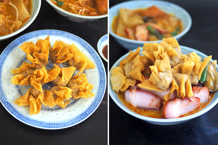 The fried 'wantans' are a great addition to your curry 'laksa' (left). If you want to create one of those fully-loaded bowls of curry 'laksa', it's possible by adding chicken, 'char siu' and fried 'wantans' (right)