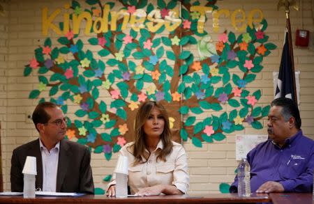 U.S. first lady Melania Trump speaks during a roundtable meeting with U.S. Health and Human Services Secreatry Alex Azar (L) and local officials and the staff at the Lutheran Social Services of the South "Upbring New Hope Children's Center" near the U.S.-Mexico border in McAllen Texas, U.S., June 21, 2018. REUTERS/Kevin Lamarque