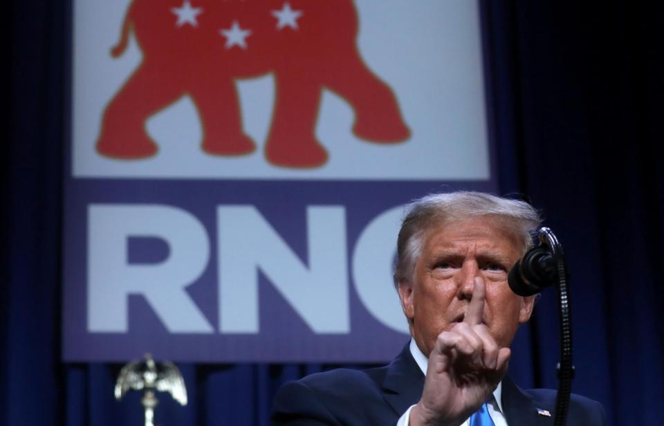 U.S. President Donald Trump addresses the first day of the Republican National Convention (REUTERS/Leah Millis)