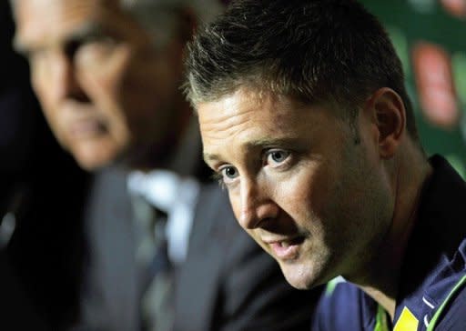 Australia's Test cricket captain Michael Clarke (R) at a press conference in Sydney in October. Clarke says Australia's best chance of dethroning the number one ranked South Africans is to wear down their strike weapons