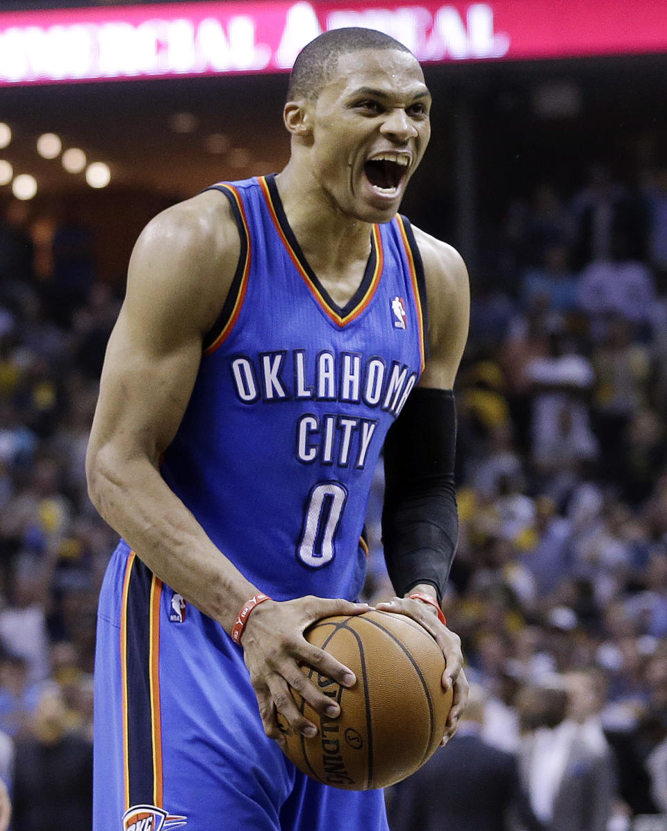 Oklahoma City Thunder guard Russell Westbrook lets out a yell after missing a free throw with less than a second left in overtime of Game 3 of an opening-round NBA basketball playoff series against the Memphis Grizzlies on Thursday, April 24, 2014, in Memphis, Tenn. The Grizzlies won 98-95. (AP Photo/Mark Humphrey)