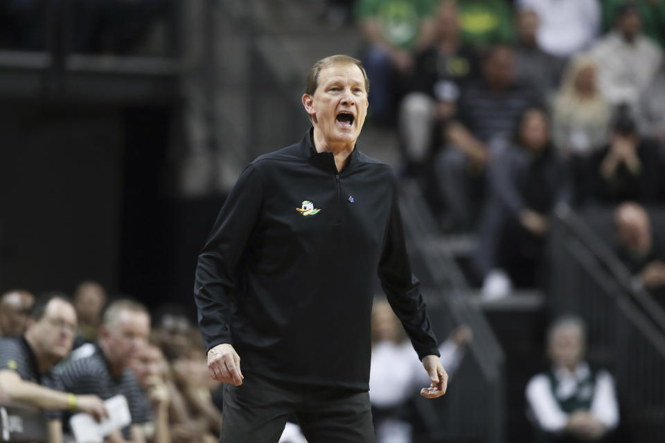 Oregon coach Dana Altman calls out to players during the first half of the team's NCAA college basketball game against Oregon State on Wednesday, Feb. 28, 2024, in Eugene, Ore. (AP Photo/Amanda Loman)