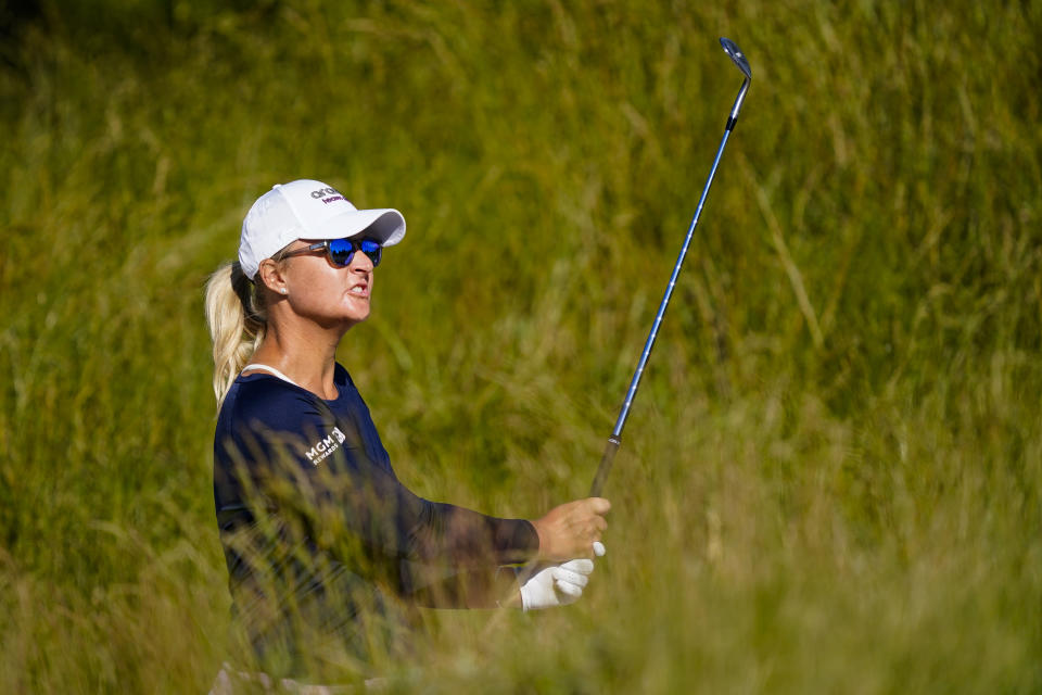 Anna Nordqvist, of Sweden, plays from the the deep grass on the 10th hole during the first round of the ShopRite LPGA Classic golf tournament, Friday, June 10, 2022, in Galloway, N.J. (AP Photo/Matt Rourke)
