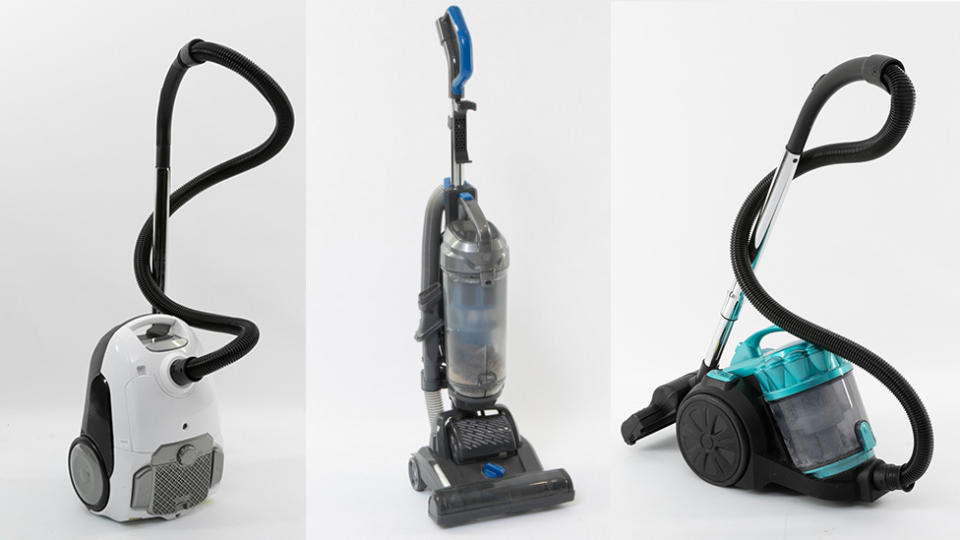 L to R: Kmart Anko 2000W Bagged Vacuum, Kmart Anko 1200W Upright Vacuum and Kmart Anko 2400W Bagless Vacuum. Photo: CHOICE (supplied).