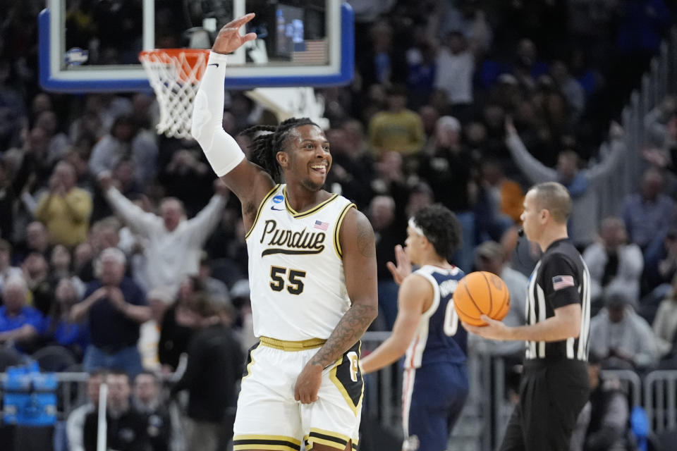 Purdue guard Lance Jones (55) reacts after a play during the second half of a Sweet 16 college basketball game against Gonzaga in the NCAA Tournament, Friday, March 29, 2024, in Detroit. (AP Photo/Paul Sancya)