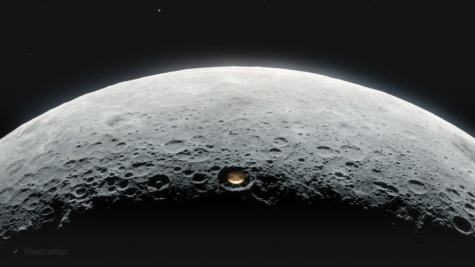Eine Illustration zeigt das Konept des Mondkrater-Radioteleskops, wie es von hoch oben auf dem Mond gesehen wird. Vladimir Vustyansky - Copyright: Vladimir Vustyansky