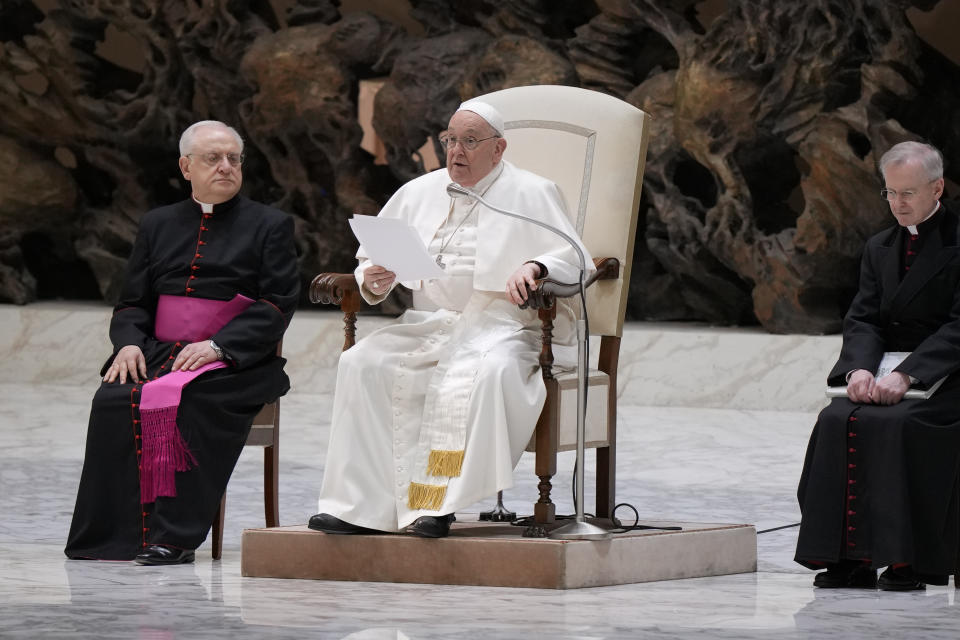 Pope Francis delivers his message during his weekly general audience in the Pope Paul VI hall at the Vatican, Wednesday, Jan. 24, 2024. (AP Photo/Andrew Medichini)