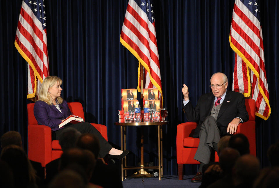 Former Vice President Dick Cheney responds to questions posed by his daughter Liz Cheney during a talk on his book, In My Time-a Personal and Political Memoir, which was co-authored by his daughter Liz Cheney, at the Ronald Reagan Presidential Library and Museum on Tuesday Sept. 20, 2011 in Simi Valley, California. (AP Photo/David McNew)