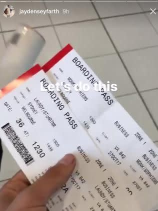 Jayden openly posted this shot of himself holding Sophie and Stu's boarding passes. Source: Instagram/jaydenseyfarth