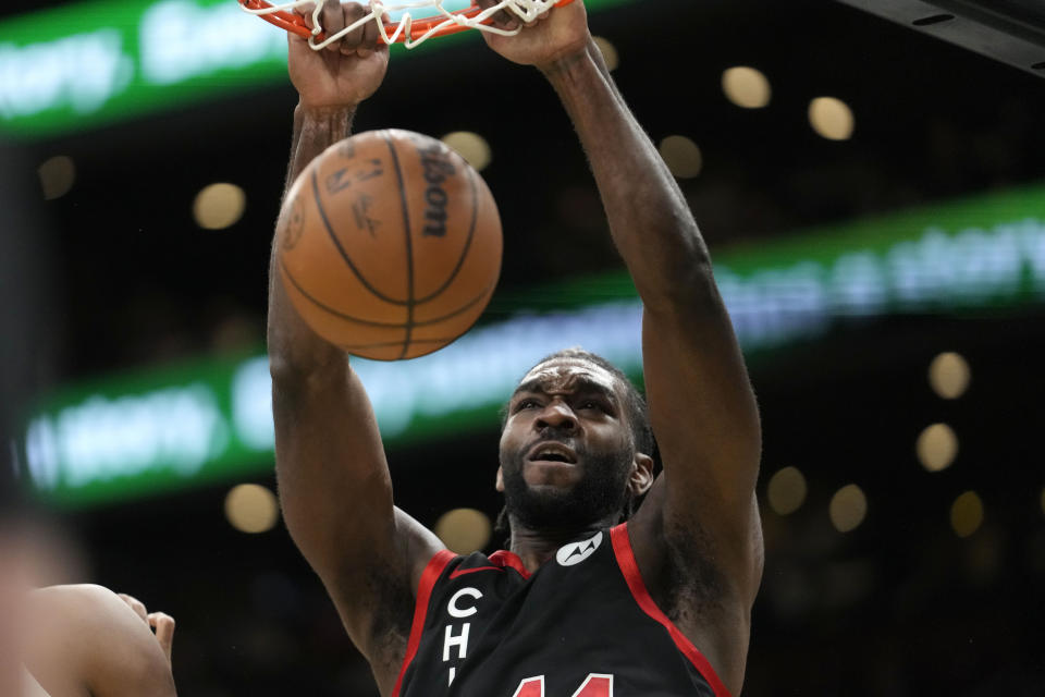 Chicago Bulls forward Patrick Williams sinks the ball in the first half of an NBA In-Season Tournament basketball game against the Boston Celtics, Tuesday, Nov. 28, 2023, in Boston. (AP Photo/Steven Senne)