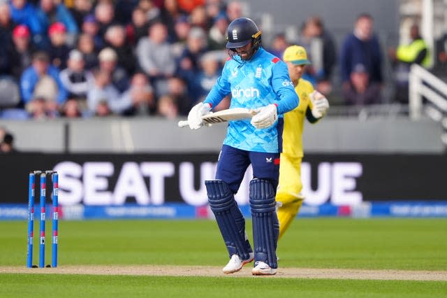 England’s Phil Salt reacts after being bowled by Mitchell Starc