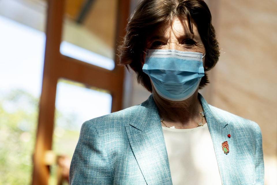 French Foreign Minister Catherine Colonna arrives to the opening session of the G20 Foreign Ministers' Summit in Nusa Dua on Indonesia's resort island of Bali Friday, July 8, 2022. (Stefani Reynolds/Pool Photo via AP)