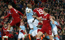 <p>Soccer Football – Champions League Quarter Final First Leg – Liverpool vs Manchester City – Anfield, Liverpool, Britain – April 4, 2018 Liverpool’s Sadio Mane scores their third goal REUTERS/Andrew Yates </p>