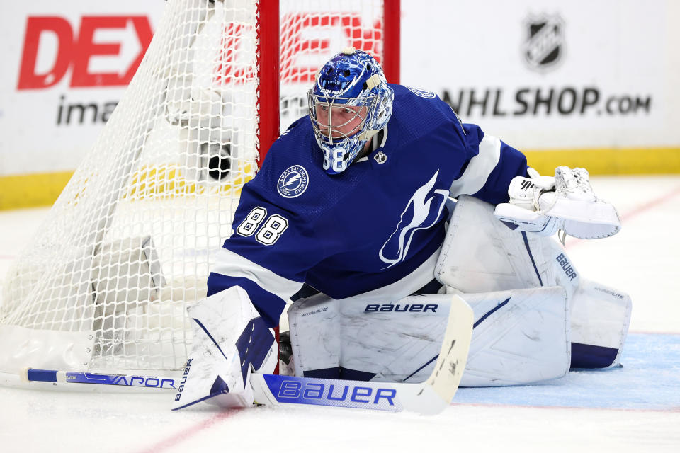 TAMPA, FLORIDA - JUNE 07: Andrei Vasilevskiy #88 of the Tampa Bay Lightning tends goal against the New York Rangers during the second period in Game Four of the Eastern Conference Final of the 2022 Stanley Cup Playoffs at Amalie Arena on June 07, 2022 in Tampa, Florida. (Photo by Mike Carlson/Getty Images)