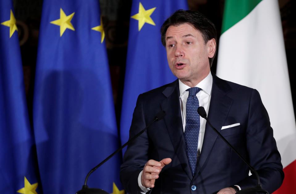 Italian Prime Minister Giuseppe Conte and French President Emmanuel Macron (not pictured) hold a joint news conference during a one day Italo-Franco summit in Naples, Italy February 27, 2020. REUTERS/Ciro De Luca